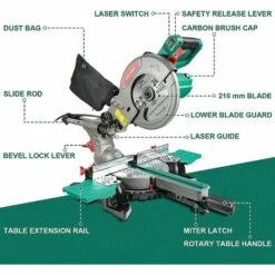 Scie à Onglet Radiale HYCHIKA 1500W, Largeur De Coupe Maximale : Ø230mm, Table Pivotante, Tête De Scie Inclinable, Système De Glissière Intégré, Avec Lame Aux Carbures De Tungstène Et Laser -Scie électrique stationnaire Soldes 36877120 3