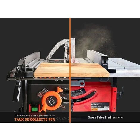 TACKLIFE Scie Sur Table, Scie à Table Sans Poussière Avec Moteur Puissant, Taux D'Aspiration Des Copeaux De 98%, Coupe Inclinée à 45°, Table Extensible-TLTS02A 3 TACKLIFE Scie Sur Table, Scie à Table Sans Poussière Avec Moteur Puissant, Taux D'Aspiration Des Copeaux De 98%, Coupe Inclinée à 45°, Table Extensible-TLTS02A – Image 2
