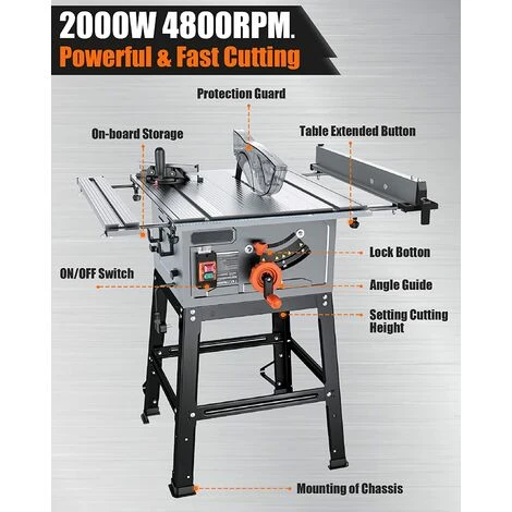 ENGINDOT Scie Sur Table, Scie Circulaire Sur Table 2000W 4800RPM, 0-45 ° Coupe En Biseau, Table Extensible, 254MM Disque De Scie, Table De Coupe Avec Support-MTS01A 4 ENGINDOT Scie Sur Table, Scie Circulaire Sur Table 2000W 4800RPM, 0-45 ° Coupe En Biseau, Table Extensible, 254MM Disque De Scie, Table De Coupe Avec Support-MTS01A – Image 2